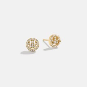 18K Gold Just For Fun Earrings - Pavé Smiley Face