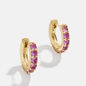 18K Gold Birthstone Huggie Earrings - Rose