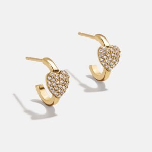 18K Gold Heart Delicate Hoop Earrings - Puffy Pavé Heart