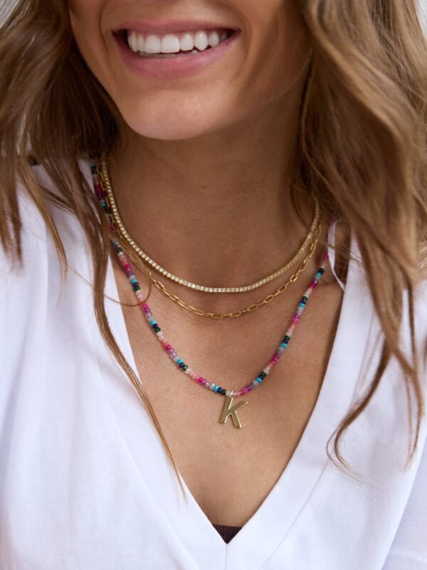 Semi-Precious Block Initial Necklace - Dark Multi